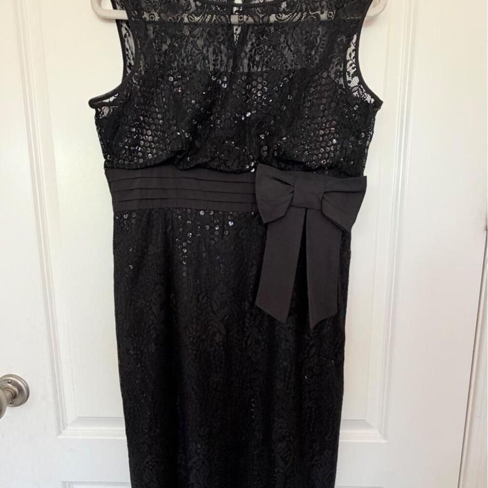 Tahari Black Lace Sequin Cocktail Midi Dress Bow Y2K Style 12